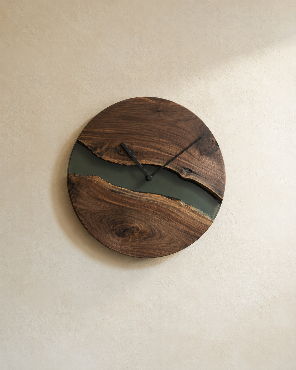 Circular River Clock crafted from walnut and clear resin