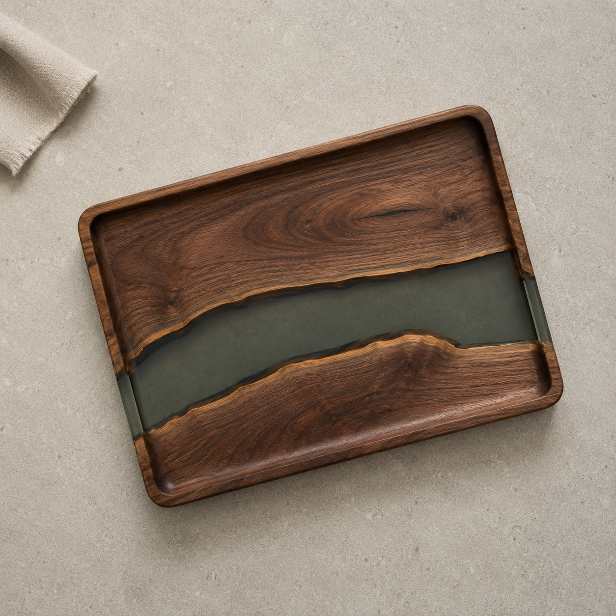 Flow Tray shaped from dark walnut around clear resin