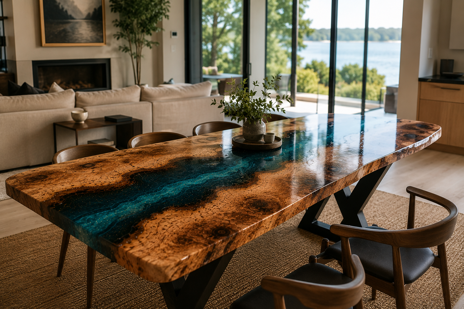Black walnut edge meeting a clear, water-like resin surface